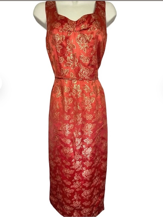 American Vintage Dresses & Skirts - Vintage 60s Brocade Metallic Midi Column Sleeveless Floral Cocktail Dress